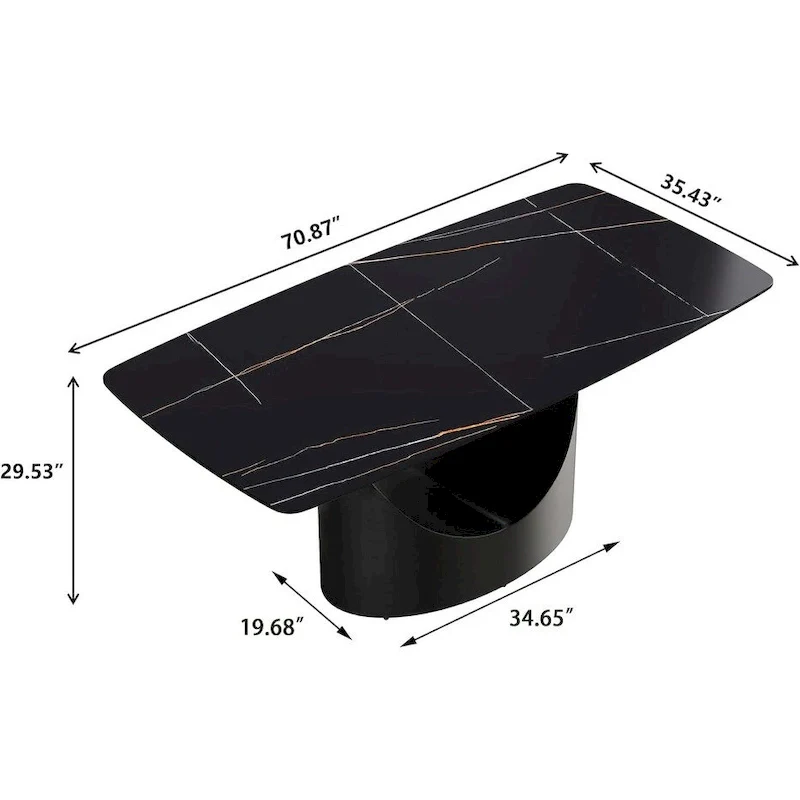 71  Black Marble Sintered Stone Table Top,Rectangle Dining Room Table with Unique U-Shape Black Carbon Steel Pedestal