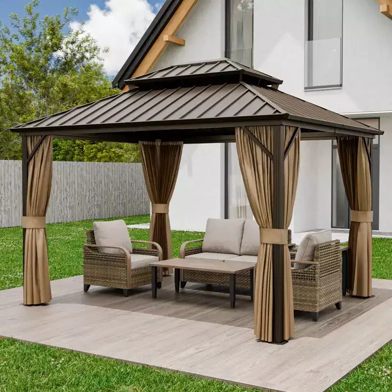 EAGLE PEAK Aluminum Double Hardtop Gazebo with Curtains and Netting