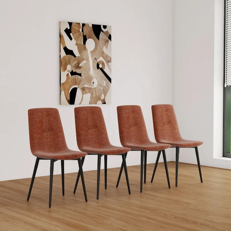 Upholstered Dining Chair Set of 4, Linen Fabric Seat, Black Metal Legs, Caramel/Beige/Brown/Gray/Green