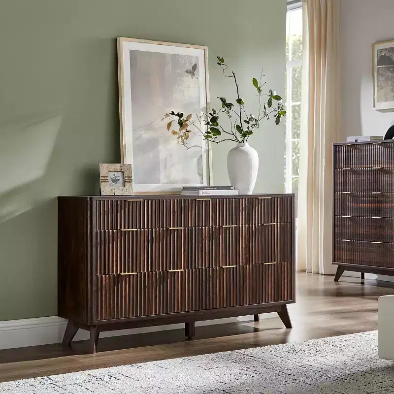 54 Wide Modern 7 Drawer Fluted Dresser with Faux Marble Top & Curved Profile, Dresser TV Stand, Wood Drawer Organizer for Bedroom