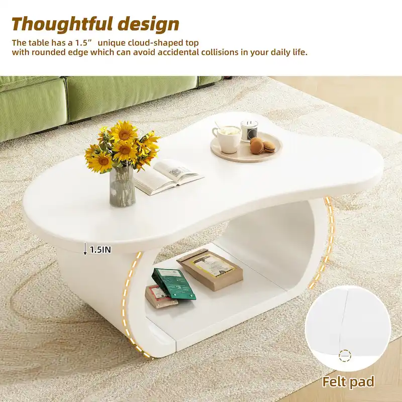Modern Cloud Coffee Table with 1.5 Thick Tabletop,Cream Style Irregular End Table with Curved Legs,Unique Design Accent Table