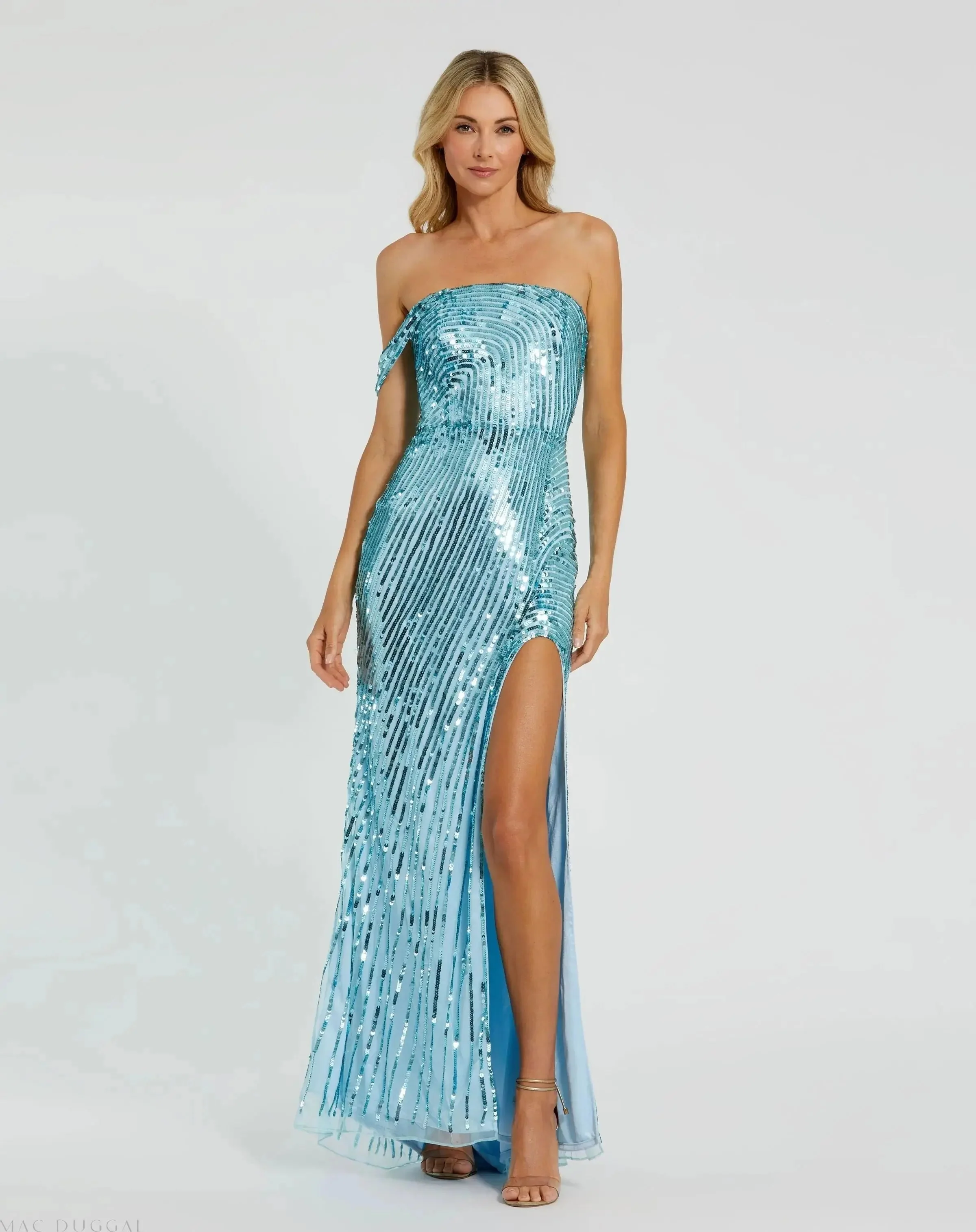 One Shoulder Mesh Sequin Gown With Slit