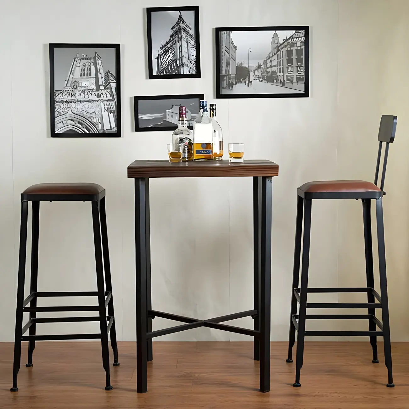 Industrial Square Bar Tables Brown Pine Wood Metal Trestle