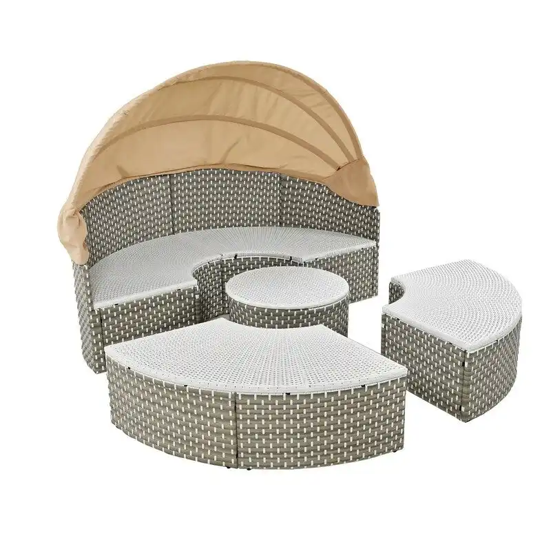 Round Patio Sectional Sofa Set  Two-Tone Rattan Daybed with Retractable Canopy & Modular Seating