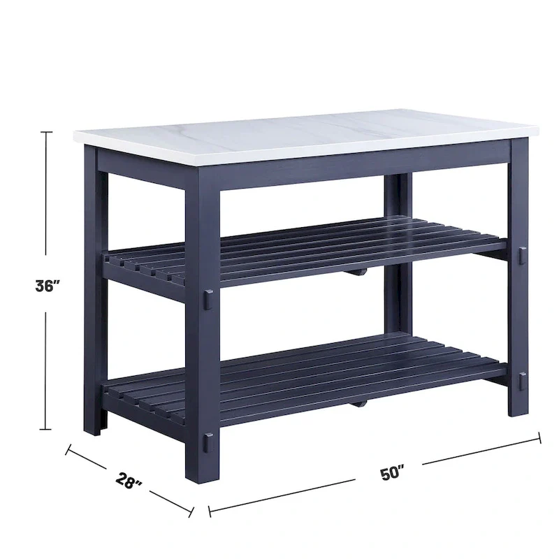 Marble Top Kitchen Island with 2 Open Shelves in White and Gray