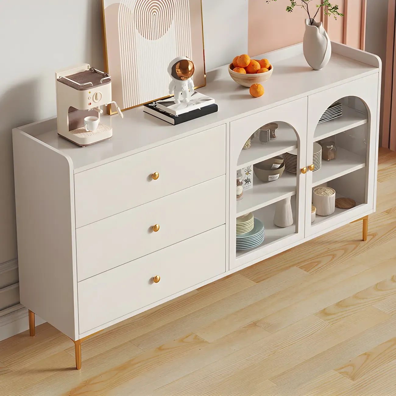 Glam White Wooden Buffet Table with Drawers & Shelves
