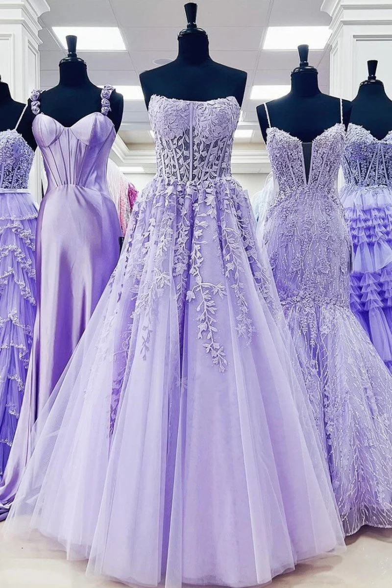 Aqua Blue Appliques Strapless A-Line Long Prom Dress