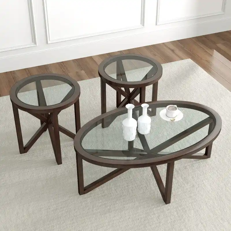 Modern Glass Coffee Table X-Cross Solid Wood Base End Table