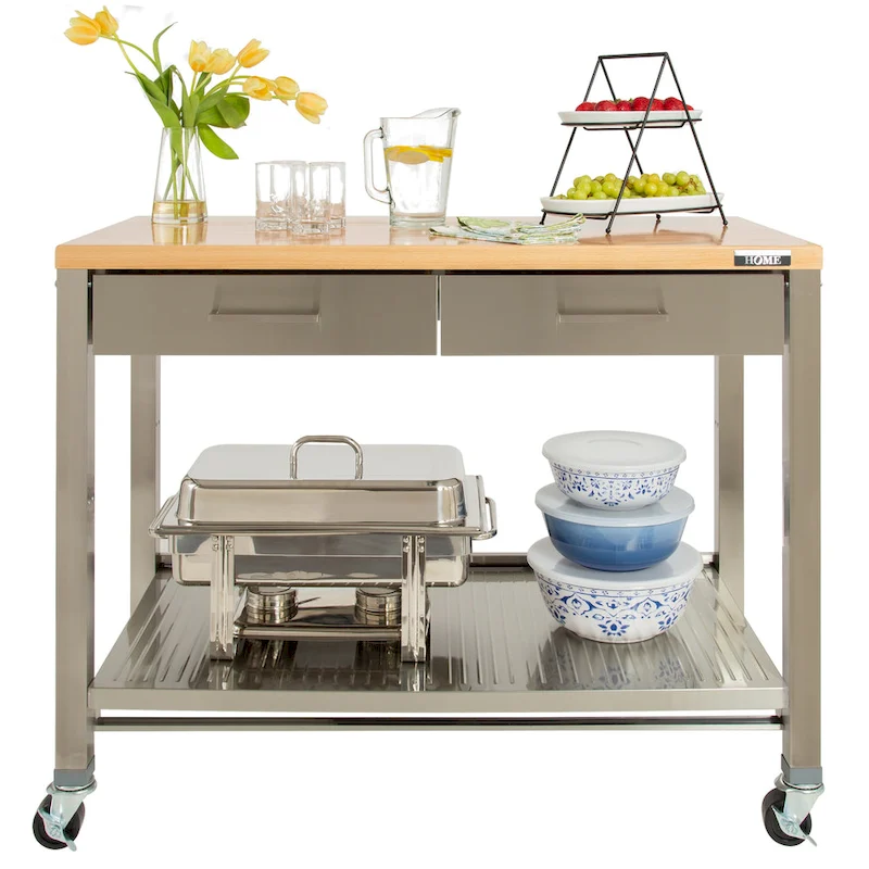 Stainless Steel 2-Drawer Mobile Kitchen Cart Island with Solid Wood Top - 48 W x 24 D