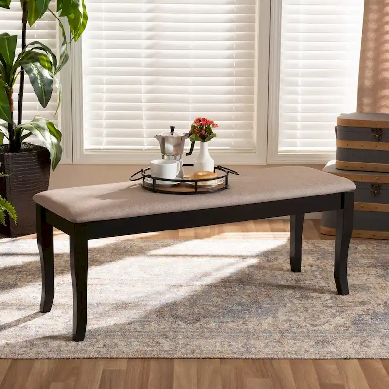 Modern Transitional Upholstered Dining Bench — Dark Brown Oak & Rubberwood, Cabriole Legs