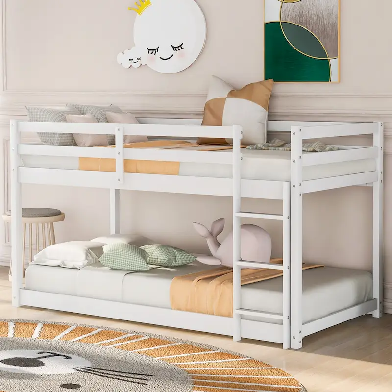 White Twin over Twin Low Bunk Bed with Ladder, Solid Wood, Sleeps 2