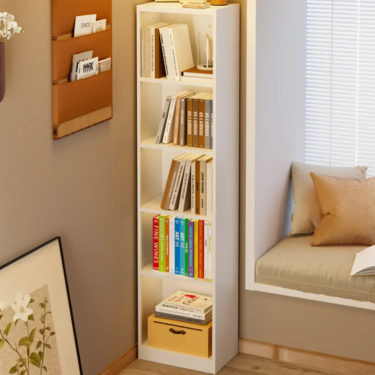 Narrow White Wooden Closed Back Tall Bookshelves