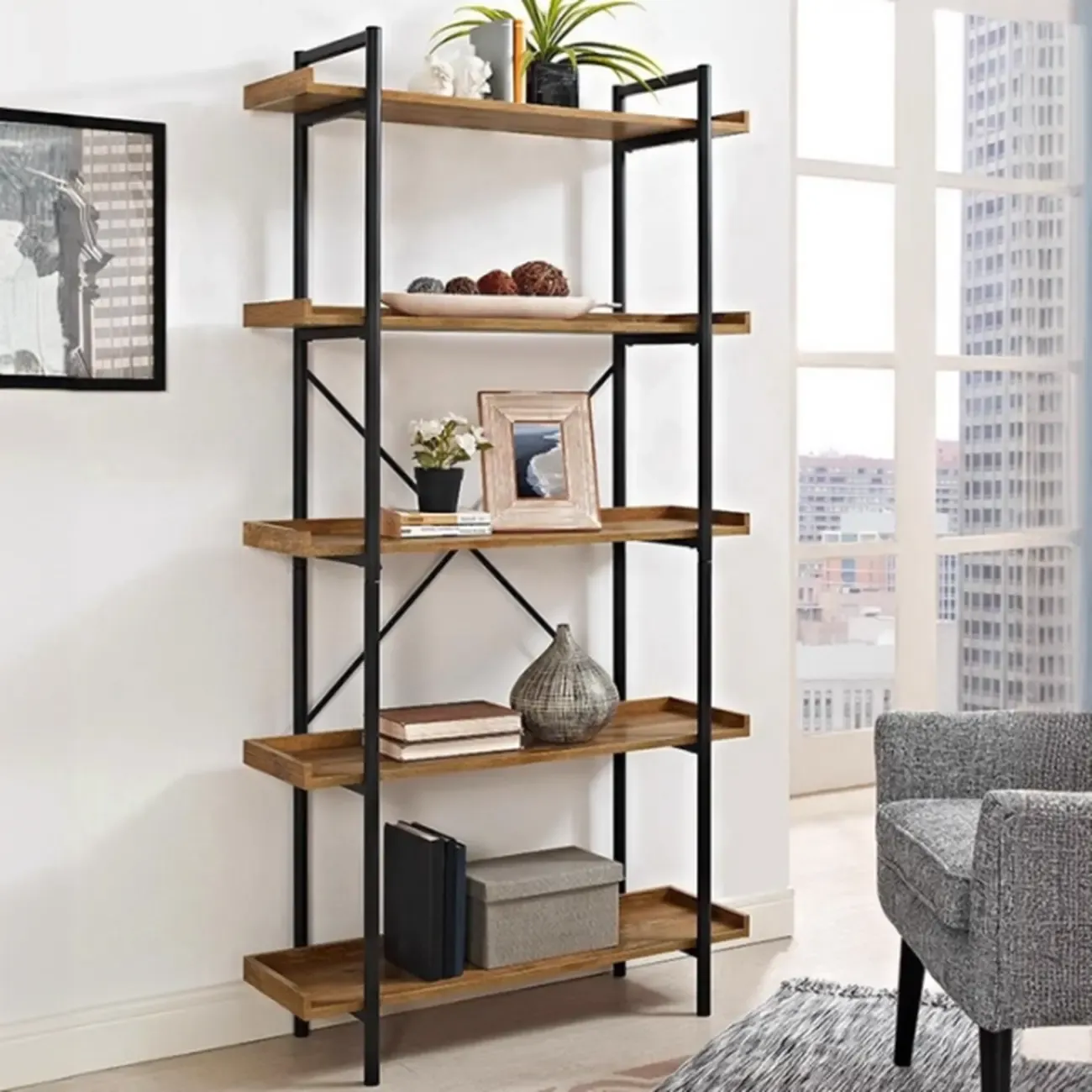 5-Tier Open Back Metal Frame Rectangular Bookcase