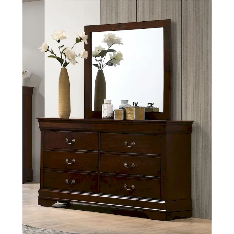Black / Cherry / Grey Transitional 6-Drawer Wood Dresser with Bracket Feet & Dovetail Drawers, 58 Inch