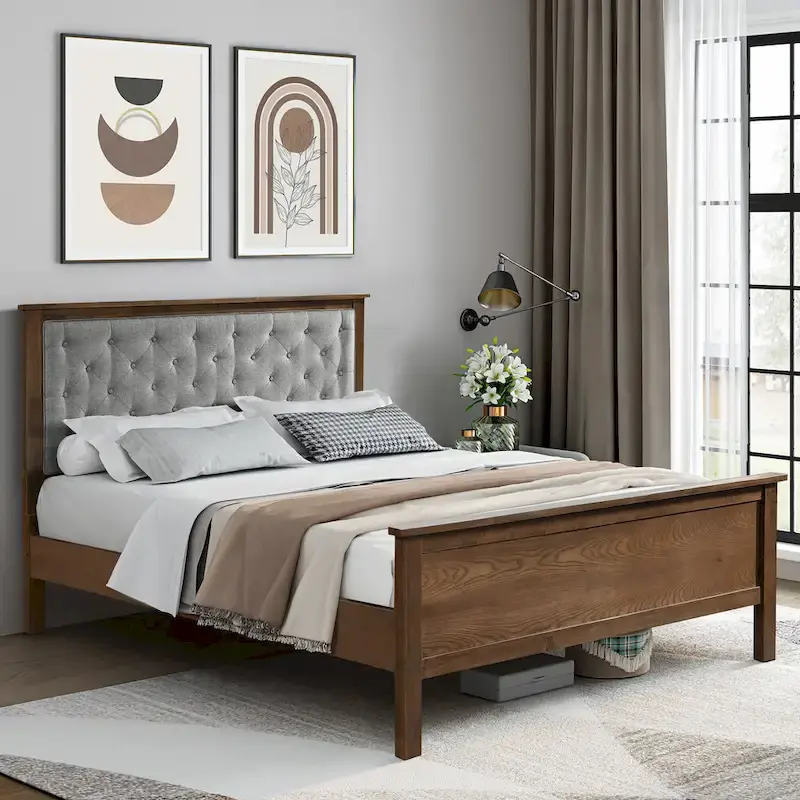 Gray Upholstered Queen Bed Headboard and Wood Footboard Set