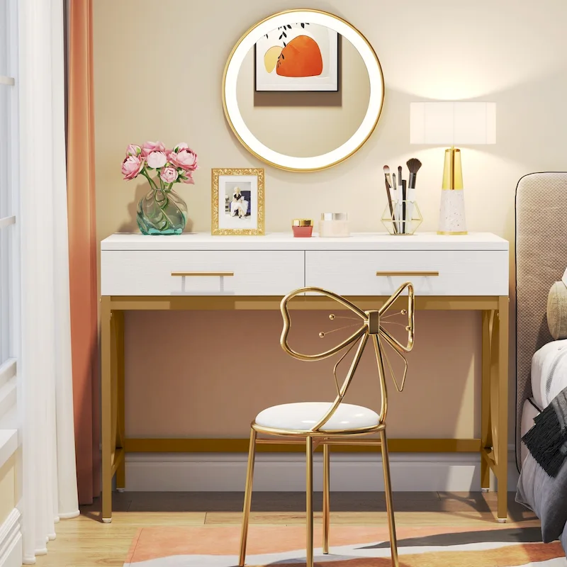 Modern Computer Writing Desk with 2 Drawers, White and Gold Home Office Desk, Makeup Vanity Table