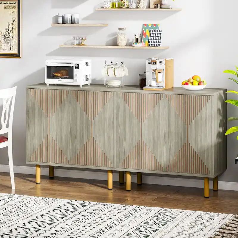 White / Yellow / Grey / Brown 4-Door Freestanding Storage Cabinet with Gold Legs – Single