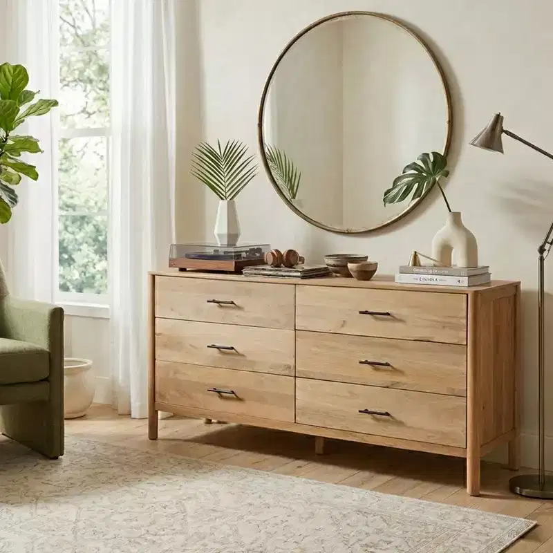 Royal Hampton Geti 66 Inch Wide Dresser, 6 Drawers, Handcrafted Natural Oak White Mango Wood