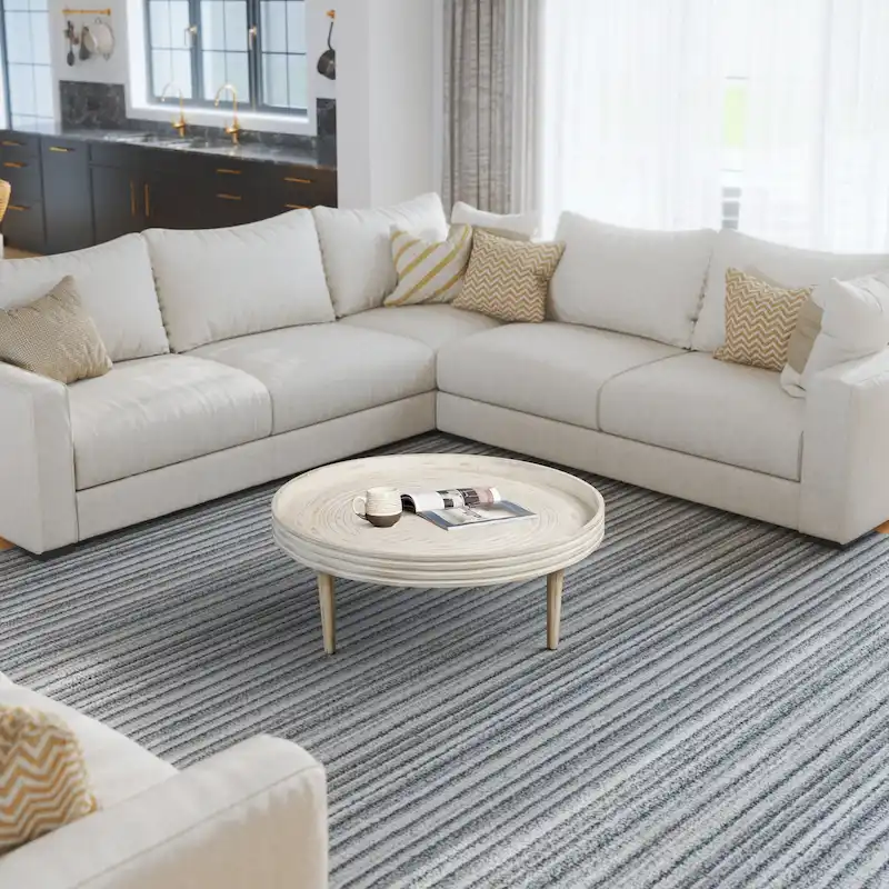 Round Coffee Table, Solid Mango Wood, Grooved Raised Edge, White, 1-Person Use
