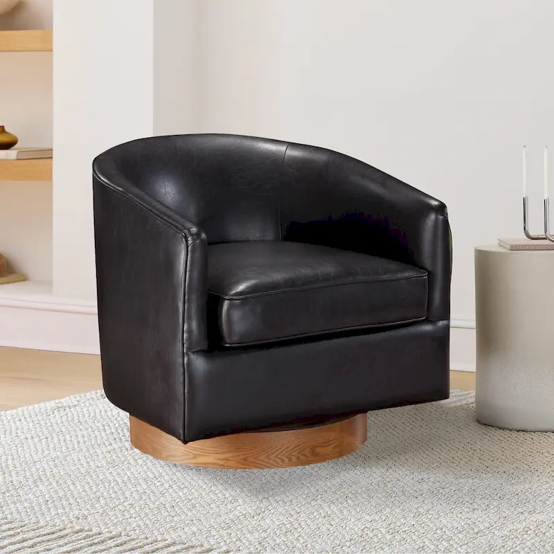 Ingram Faux Leather Wood Base Barrel Swivel Chair by Greyson Living
