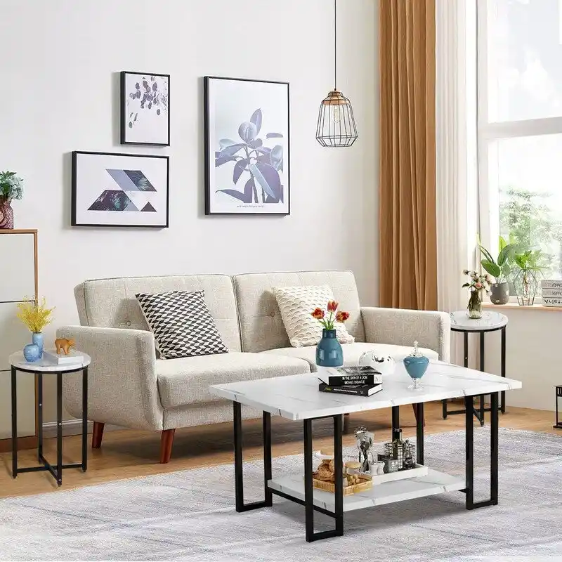 Modern Style 3-Piece Coffee Table Set with 2 End Table, Living Room Table Set of 3 with Faux Marble Tabletop