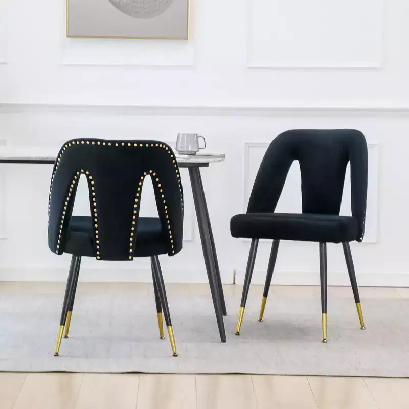 2Pcs Modern Velvet Upholstered Dining Chairs with Nailheads and Gold Tipped Black Metal Legs, Accent Chairs for Living Room Bedroon Restaurant