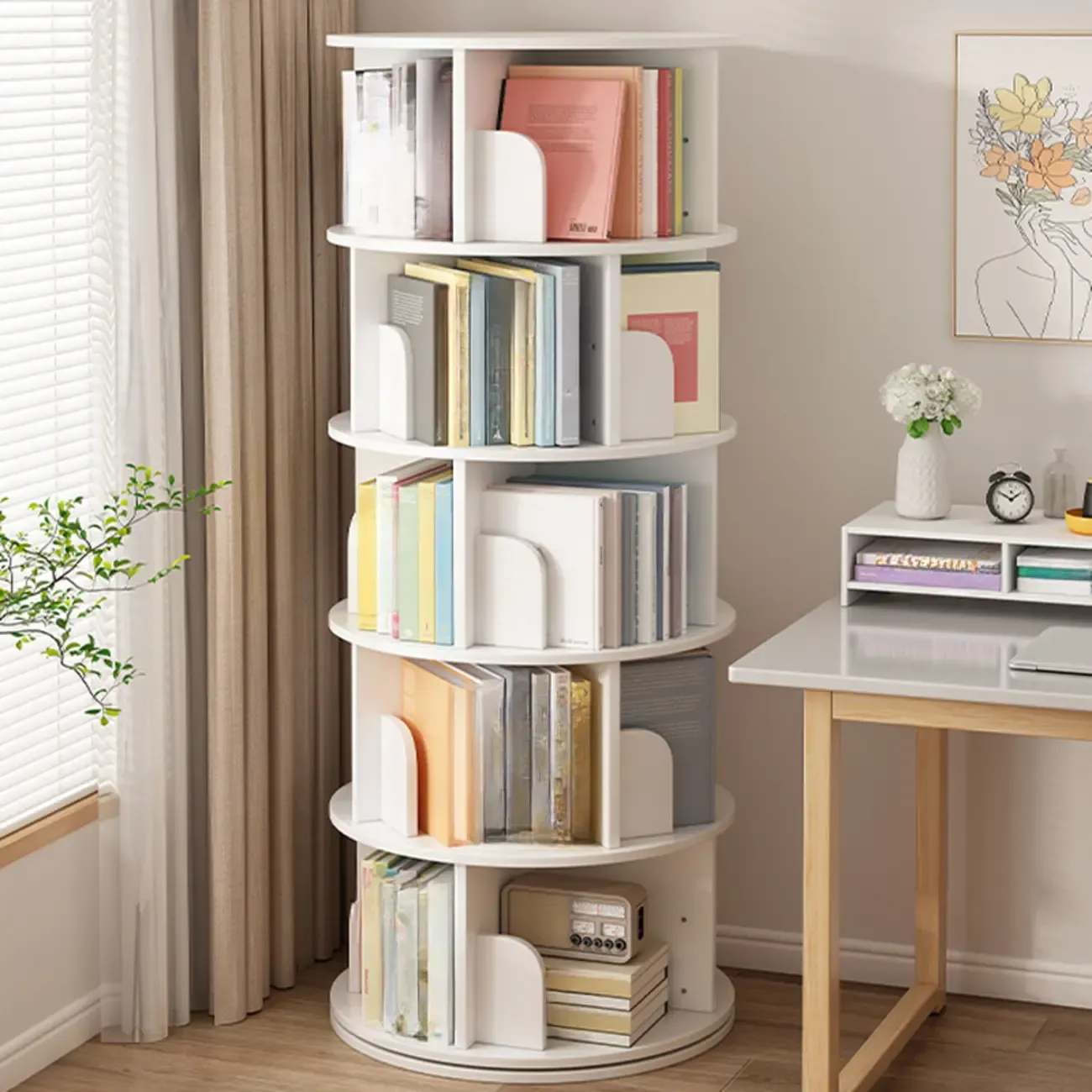 Brown Cylindrical Wooden Rotating Open-Back Bookcase