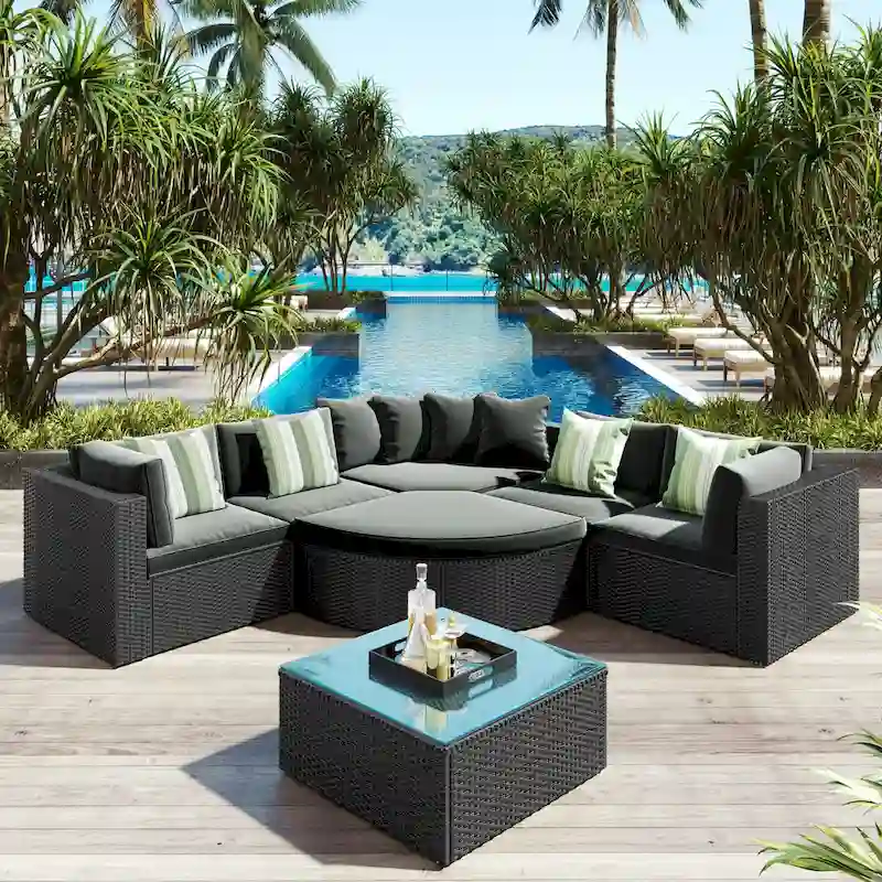 Gray 7-Piece All-Weather PE Wicker Outdoor Conversation Modular Sofa Set