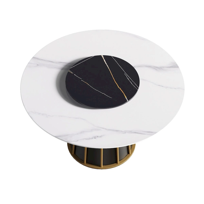 53 White Sintered Stone Round Dining Table with Lazy Susan - N/A