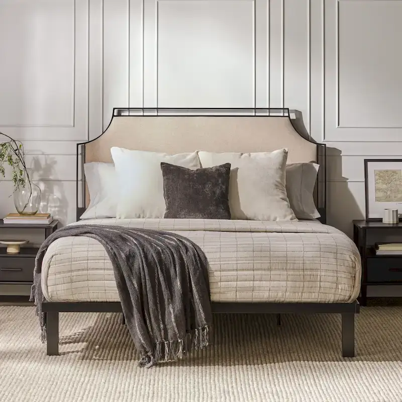 Upholstered Curved Metal Queen Bed Frame