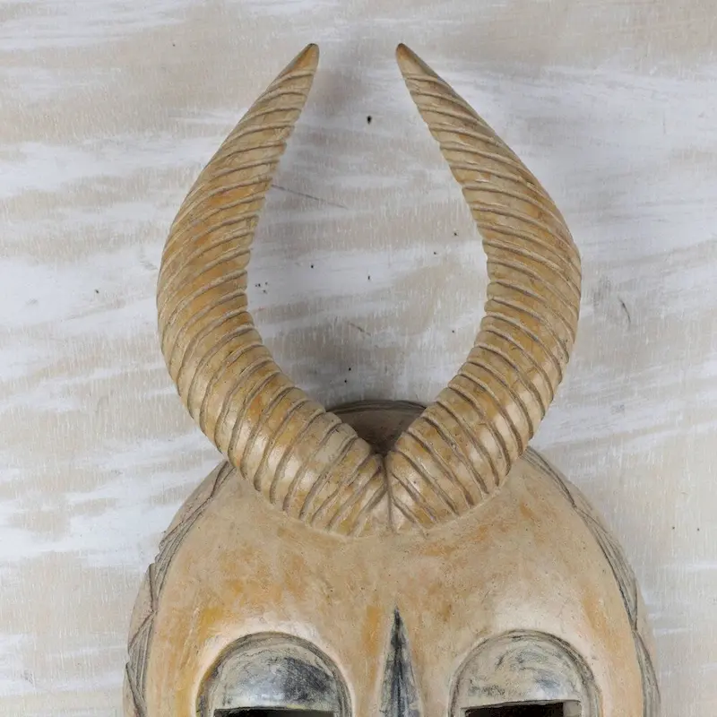 Handmade Yellow Gazelle African Wood Mask (Ghana) - 17.25  H x 9.5  W x 3.5  D