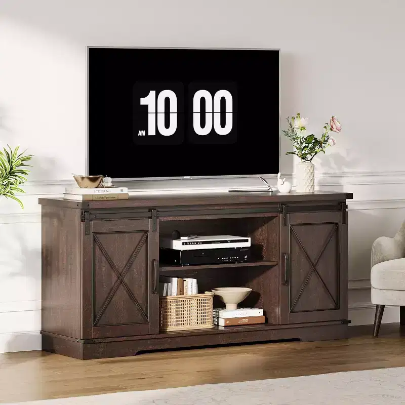 Farmhouse TV Stand for 65 TVs  Entertainment Center with Sliding Barn Doors, Adjustable Shelf & Storage Cabinet for Living Room or Bedroom