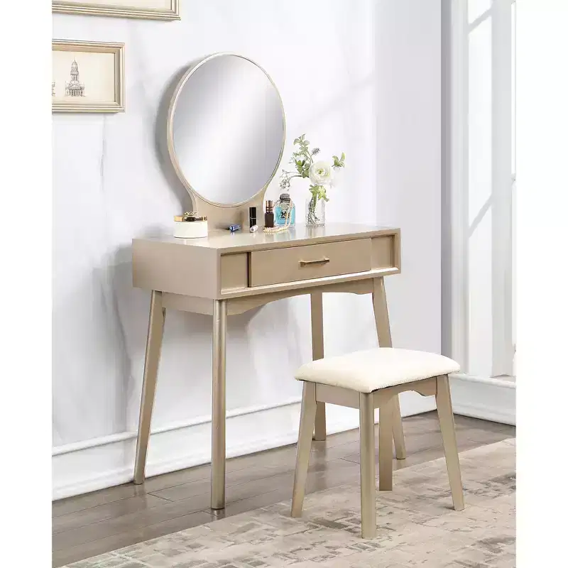 Modern Makeup Vanity Desk with Round Mirror, Organized Storage, Matching Stool for Bedroom, Gold Finish, Space-Saving Design