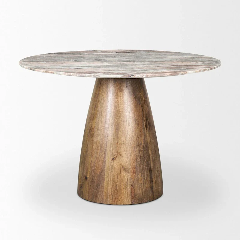 Round Pedestal Dining Table with Marble Top and Wood Base – 42