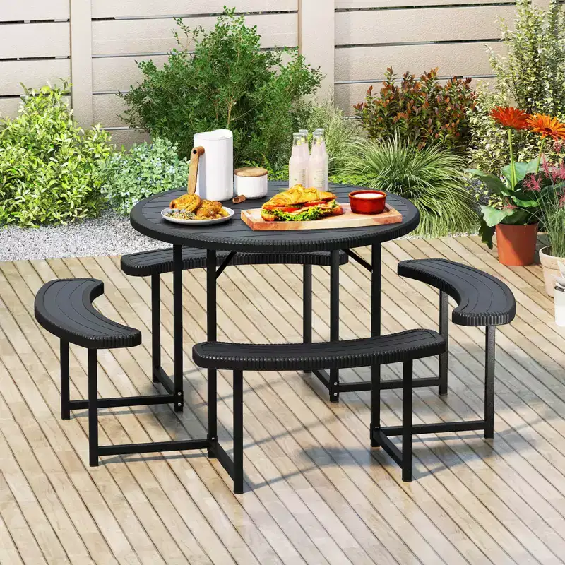 Costway Round Picnic Table Bench Set with 4 Benches Umbrella Hole All Weather Tabletop White/Green/Gray/Black