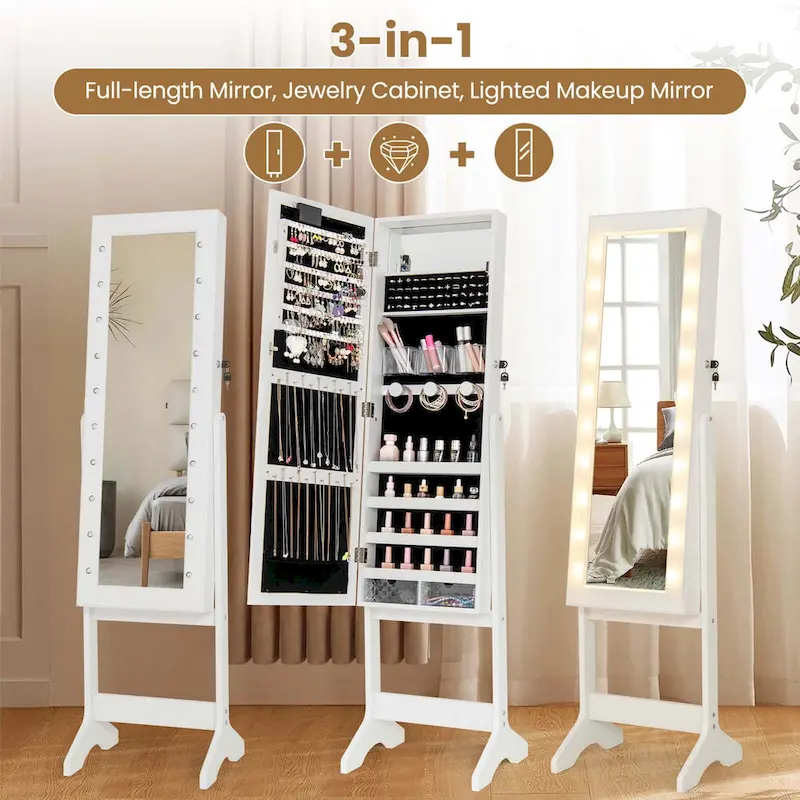 Costway LED Mirror Jewelry Cabinet with 20 LED Lights Full-Length - See Details