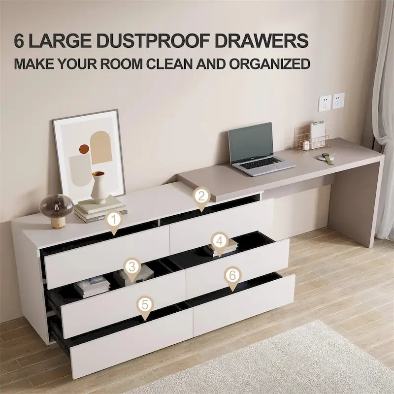 97.63  Modern Home Office Expandable Dresser Desk Combo with 6 Drawers