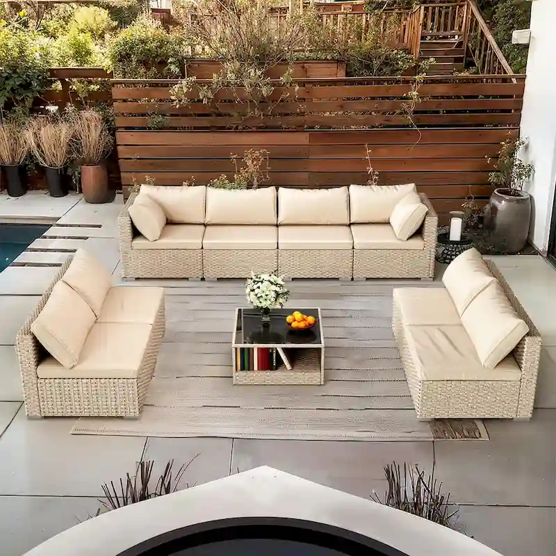 9-Piece Patio Furniture Set, All-Weather Boho Outdoor Conversation Set Sectional Sofa with Water Resistant Thick Cushions