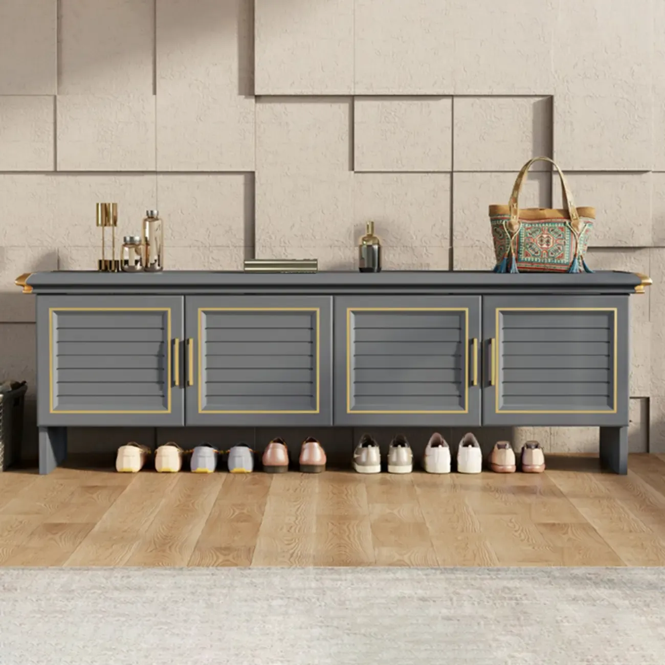 Rustic Grey Metal Shoe Storage Bench for Entryway