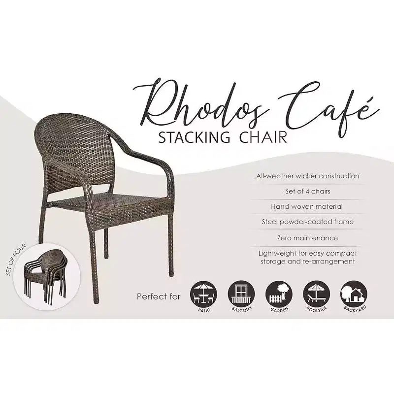 Balkene Home Rhodos Outdoor Caf Wicker Stacking Hand Woven No Assembly All Weather Steel Powder Coated Frame Lightweight Portable - Black - Set of 4