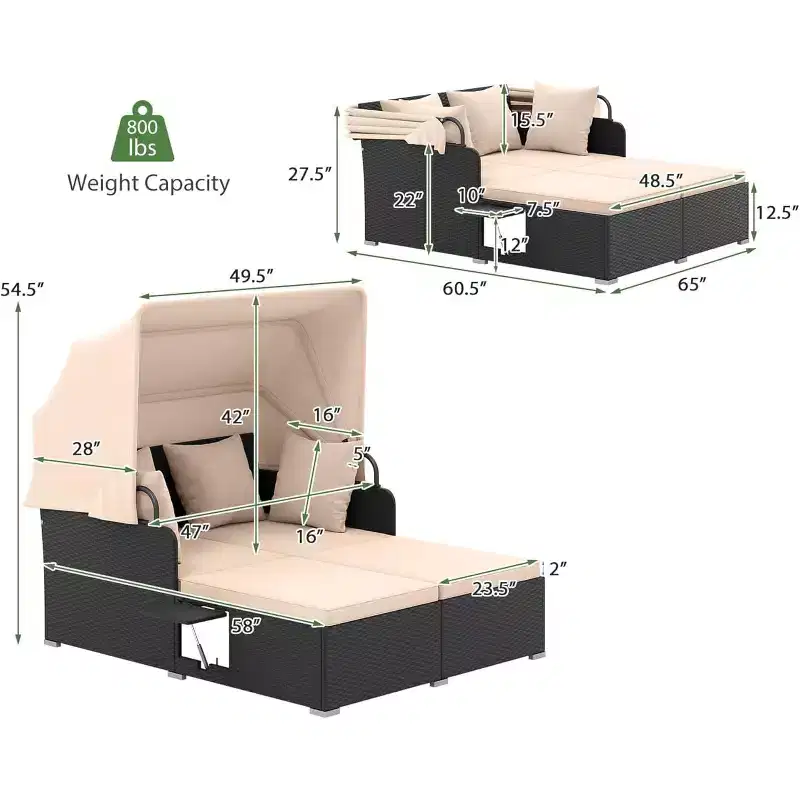 Costway Patio Rattan Daybed Lounge Retractable Top Canopy Side Tables Cushions Off White/Red/Turquoise/Beige
