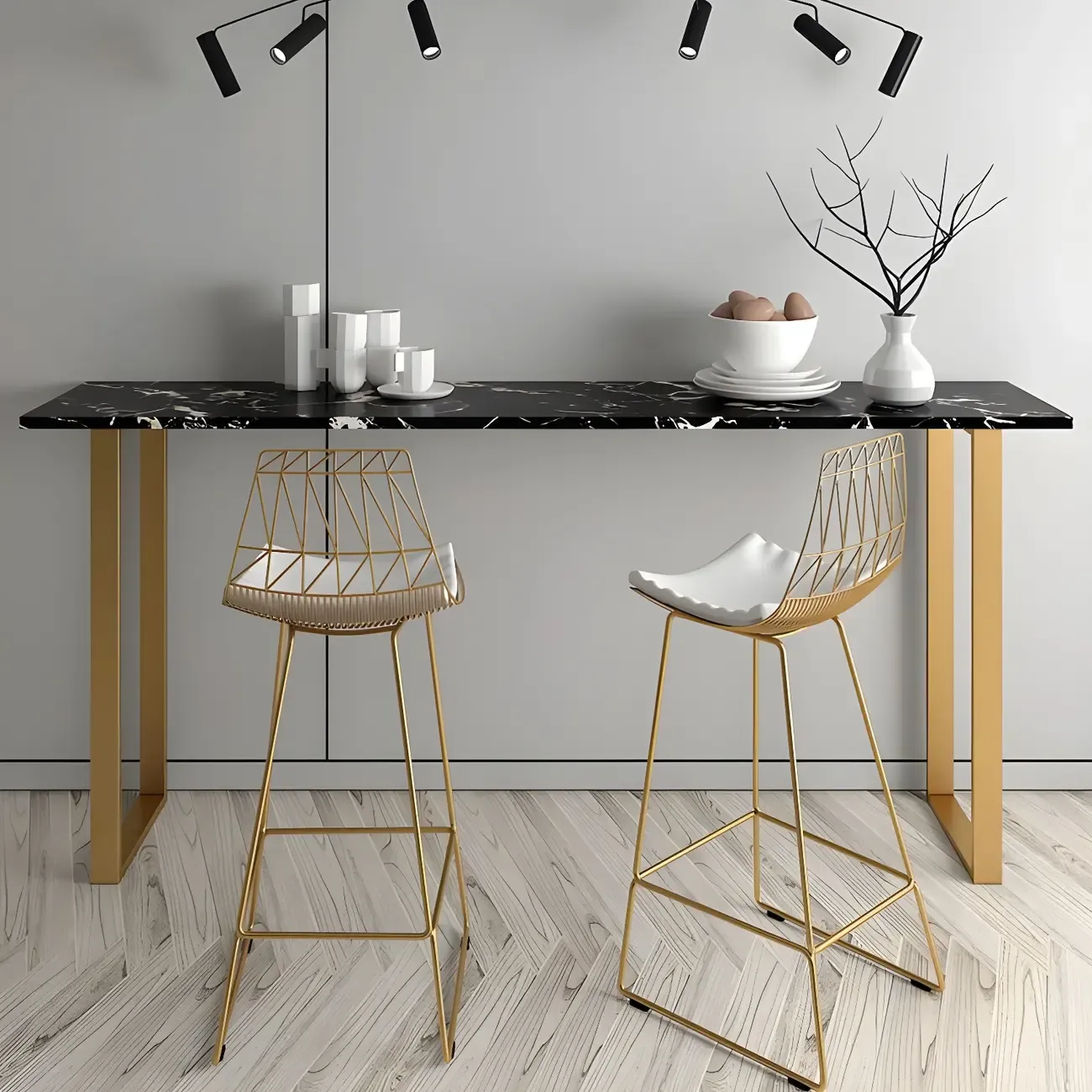 Black Rectangle Marble Tall Bar Table Gold Base