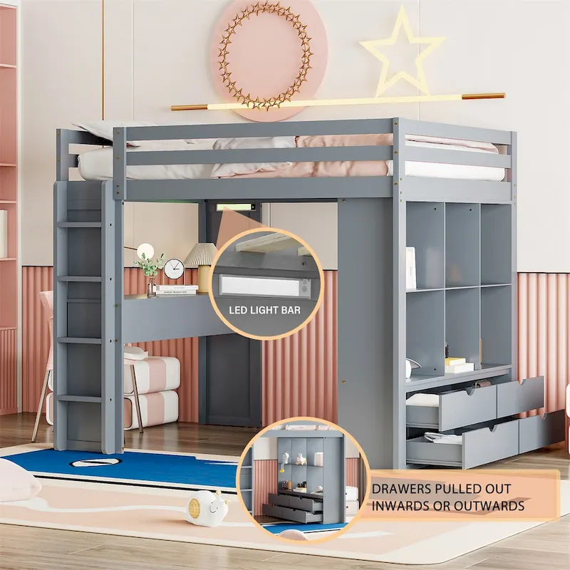 Merax Loft Bed with large shelves, writing desk and LED Light