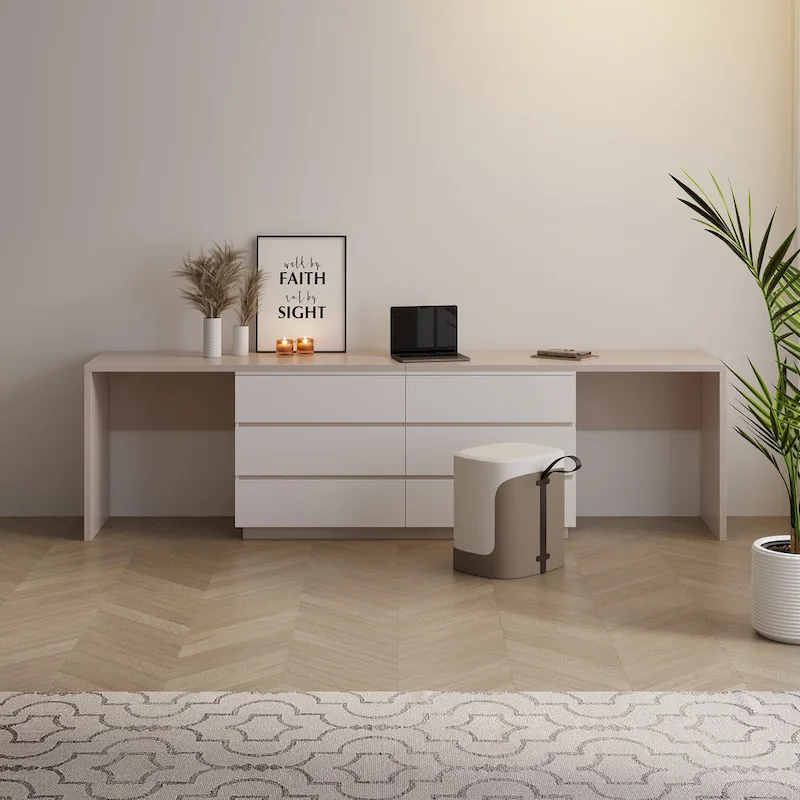 Expandable Home Office Desk 102-144 Inch Adjustable Length with 6 Drawers Modern Dual-Color MDF Dresser Desk for 2 People