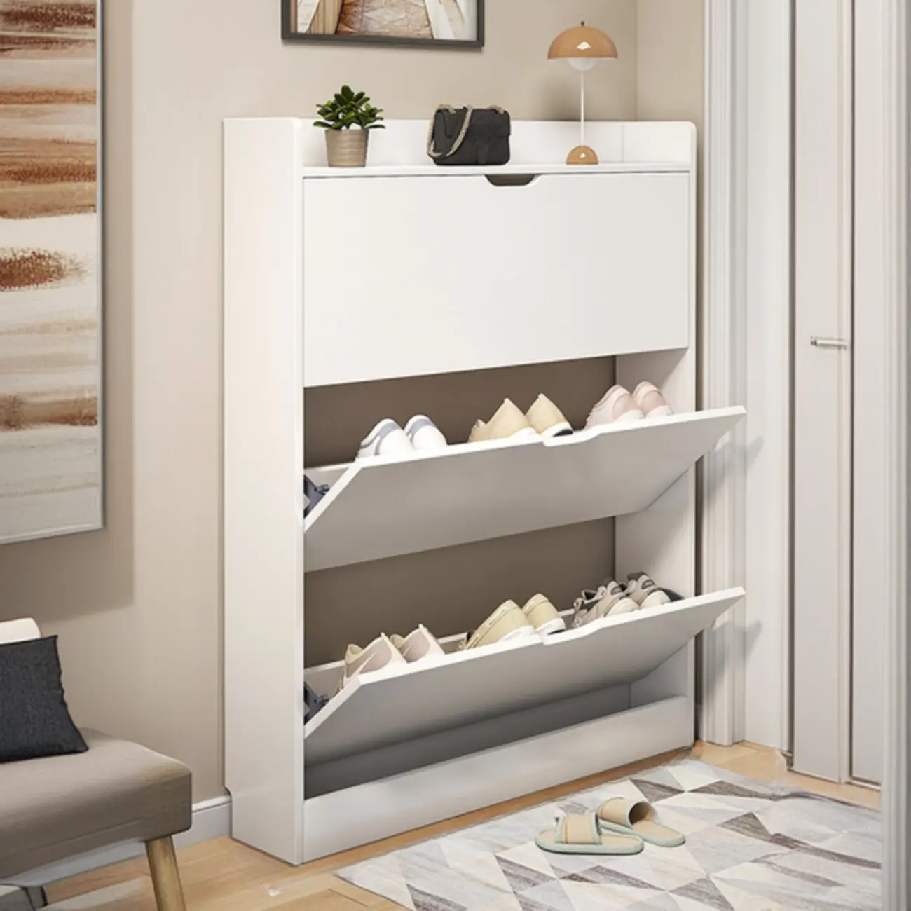 Entryway Modern Wood Shoe Cabinet with Flip-Out Drawer