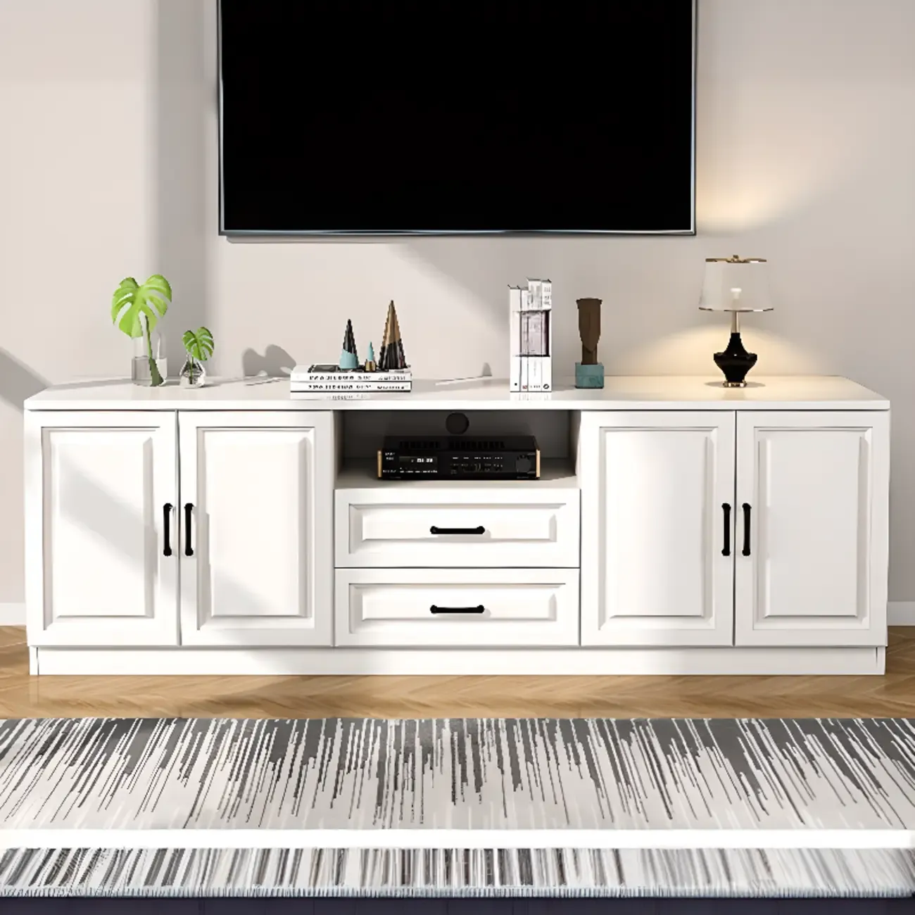 Modern White Wooden TV Stand with Storage and Cable Management