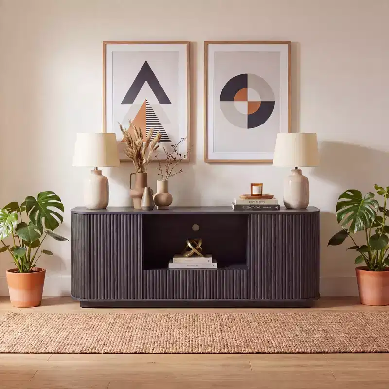 JVNOXK 64-Inch Wavy TV Stand, Rounded Sideboard, Storage Cabinet, Wooden Vertical Stripe Cabinet for Living Room/Bedroom/Entryway.