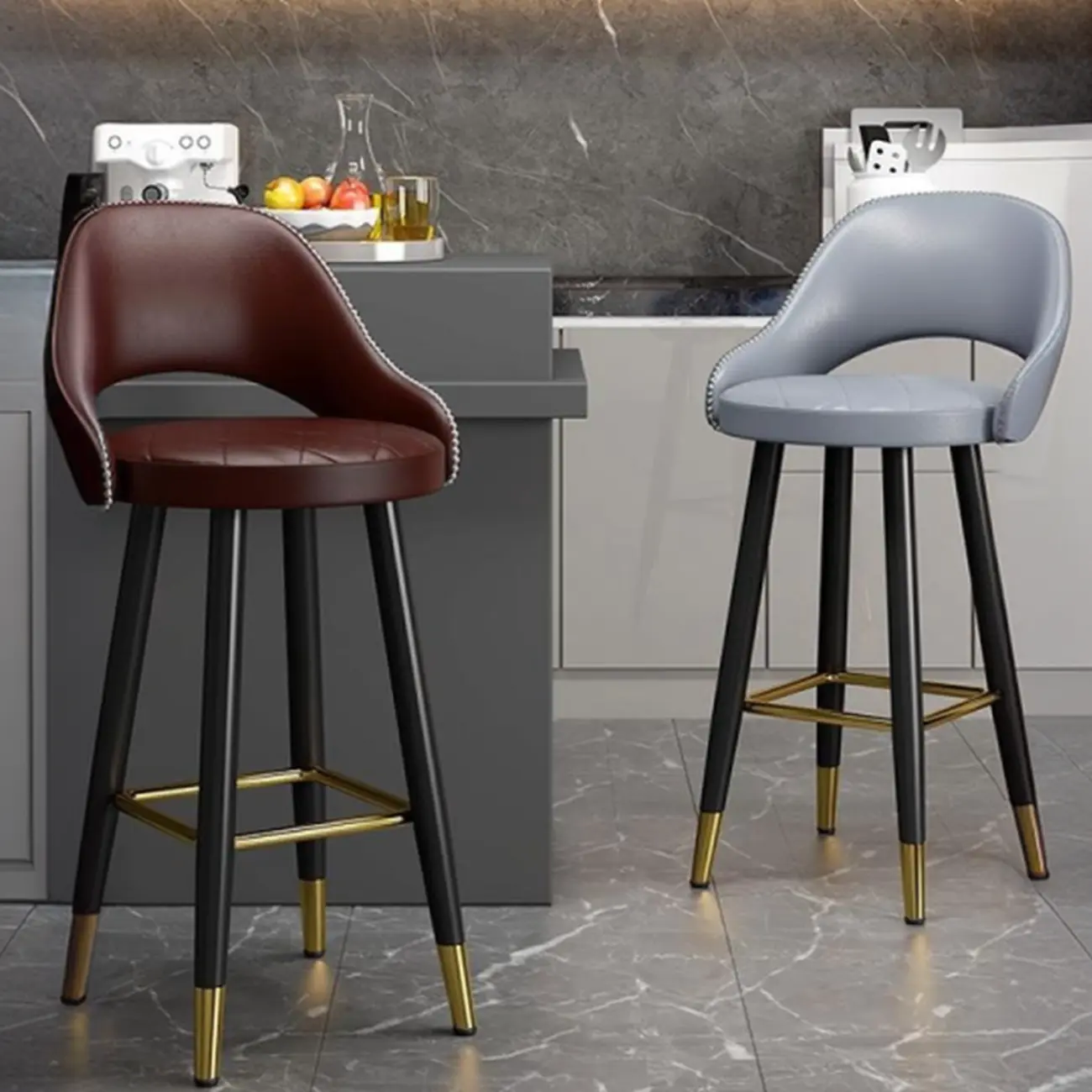 Modern Round Leather Curved Back Bar Stools
