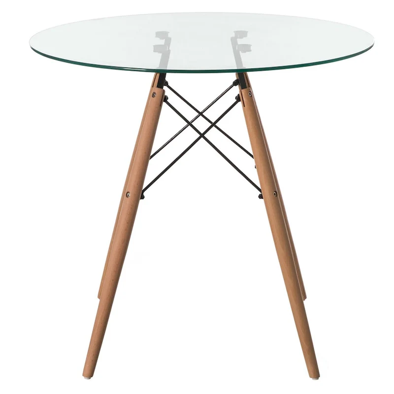 Round Clear Glass Top Accent Dining Table with 4 Beech Solid Wood Legs
