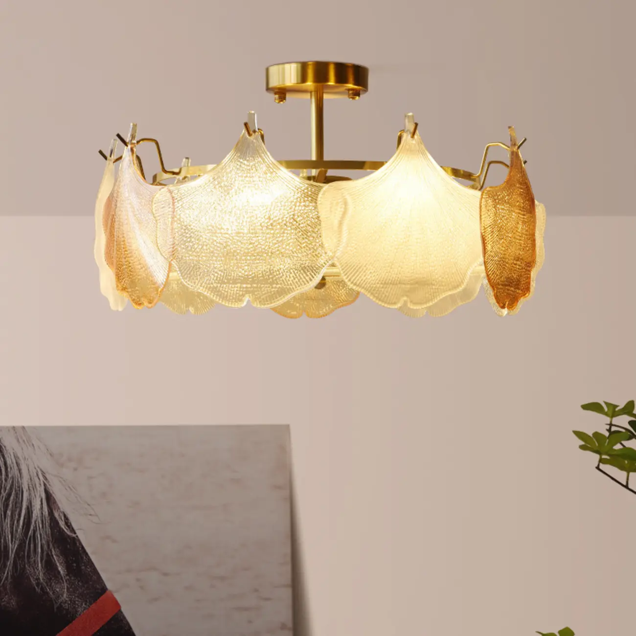 Modern Glass Leaf Shape Gold Semi Flush Ceiling Light